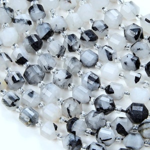 8MM Black Tourmaline Rutilated Quartz Gemstone Grade AA Faceted Prism Double Point Cut Loose Beads BULK LOT 1,2,6,12 and 50 (D30)