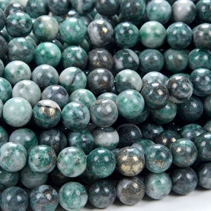 Rare Natural Pyrite in Green Jade Gemstone Grade AAA Round 6MM 7MM 8MM 9MM 10MM 11MM 12MM 13MM Loose Beads BULK LOT 1,2,6,12 and 50 (D268)
