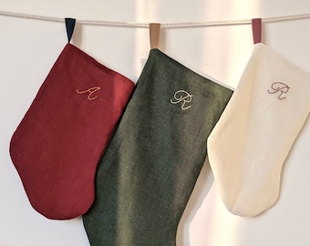 Hand Embroidered, Mini/Pet/Baby Size, Personalized Linen Holiday Stocking, Handmade in Los Angeles, INITIAL / LETTER ONLY