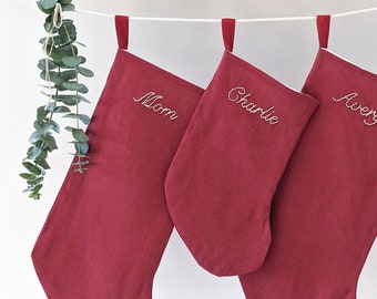 Hand Embroidered Linen Personalized Holiday Stocking in Pomegranate Red