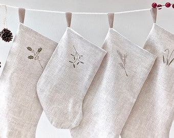 Hand Painted Linen Christmas Greenery Holiday Stocking