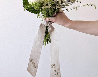 Hand Embroidered Linen Ribbon Wedding Bouquet Wrap
