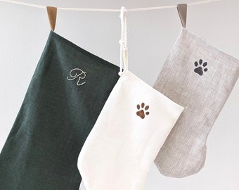 Hand Painted Linen Holiday Stocking, Paw Print Pet Christmas Stocking