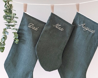 Hand Embroidered Linen Personalized Holiday Stocking in Basil Green