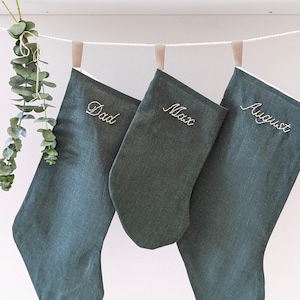 Hand Embroidered Linen Personalized Holiday Stocking in Basil Green