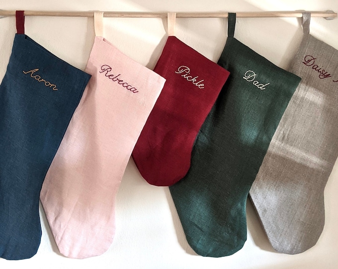 Hand Embroidered, Standard Size, Personalized Linen Holiday Stocking, Handmade in Los Angeles