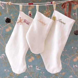 Hand Embroidered Linen Personalized Holiday Stocking in Ivory