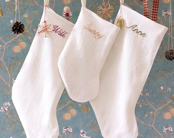 Hand Embroidered Linen Personalized Holiday Stocking in Ivory
