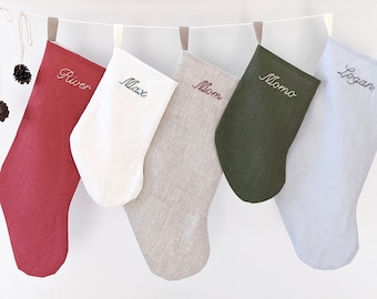 Hand Embroidered, STANDARD SIZE, Personalized Linen Holiday Stocking