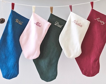 Hand Embroidered, STANDARD SIZE, Personalized Linen Holiday Stocking