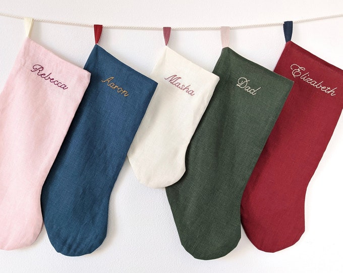 Hand Embroidered, Standard Size, Personalized Linen Holiday Stocking, Handmade in Los Angeles