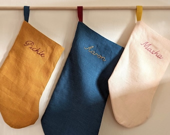 Hand Embroidered, MINI/Pet/Baby SIZE, Personalized Linen Holiday Stocking, Handmade in Los Angeles