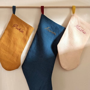 Hand Embroidered, MINI/Pet/Baby SIZE, Personalized Linen Holiday Stocking