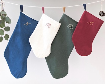 Hand Embroidered, Standard Size, Personalized Linen Initial Christmas Stocking