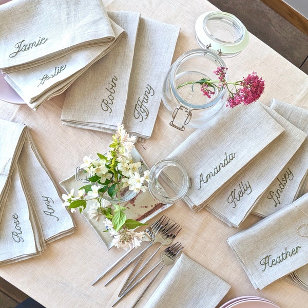 Hand Embroidered Personalized Linen Napkins, Bulk Order