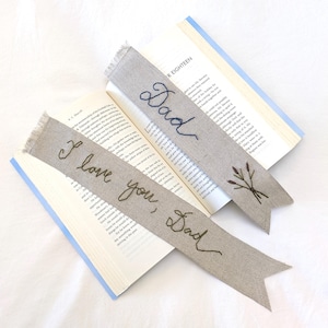 Hand Embroidered Father&#39;s Day Linen Bookmark in Your Handwriting