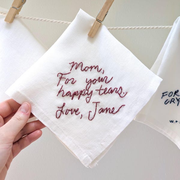 Hand Embroidered Handwritten Linen Handkerchief, Wedding Day Handkerchief, Personalized Pocket Square