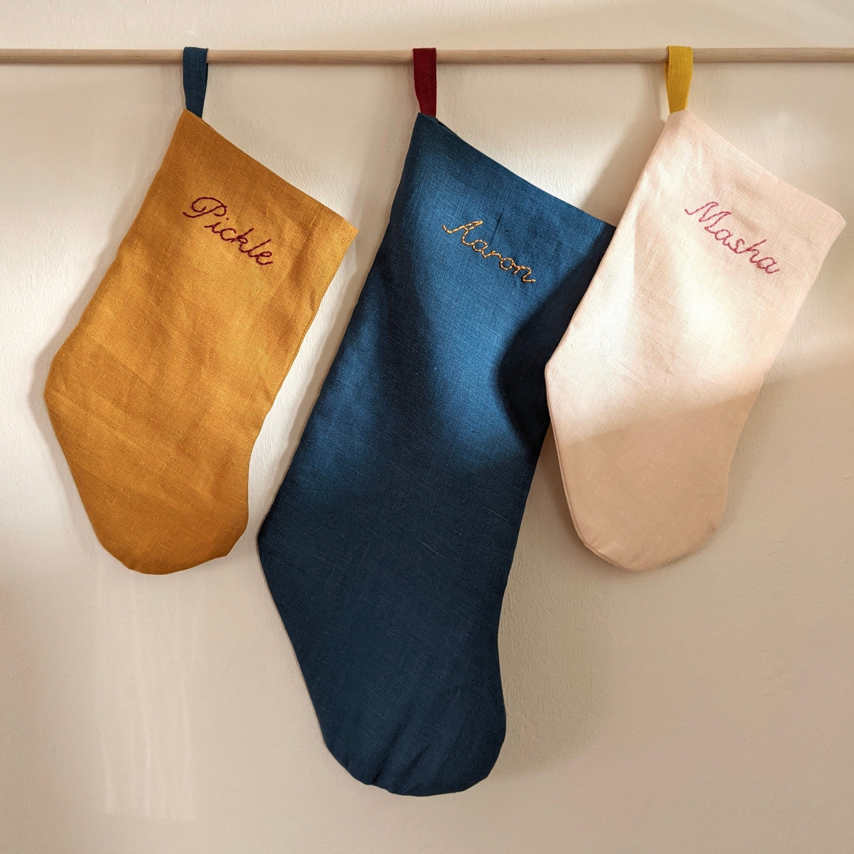 Hand Embroidered, MINI/Pet/Baby SIZE, Personalized Linen Holiday Stocking