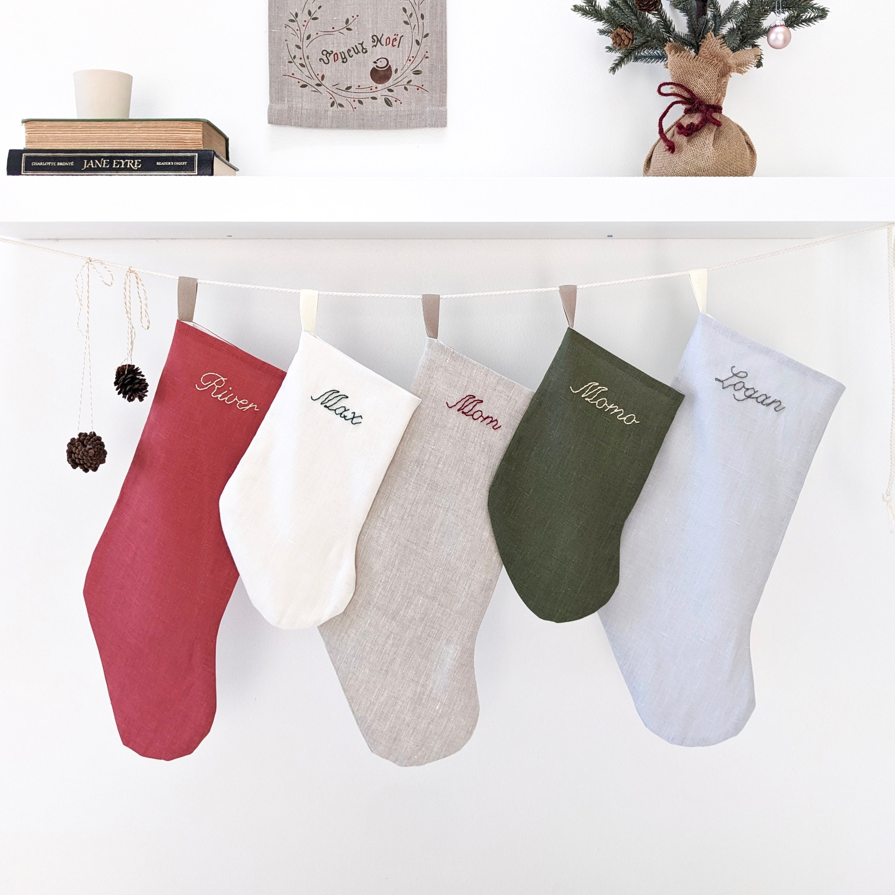 Hand Embroidered, STANDARD SIZE, Personalized Linen Holiday Stocking