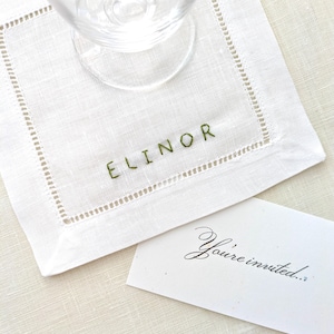 Hand Embroidered Personalized Linen Cocktail Napkin | Custom Name Cocktail Napkin | Linen Wedding Napkins