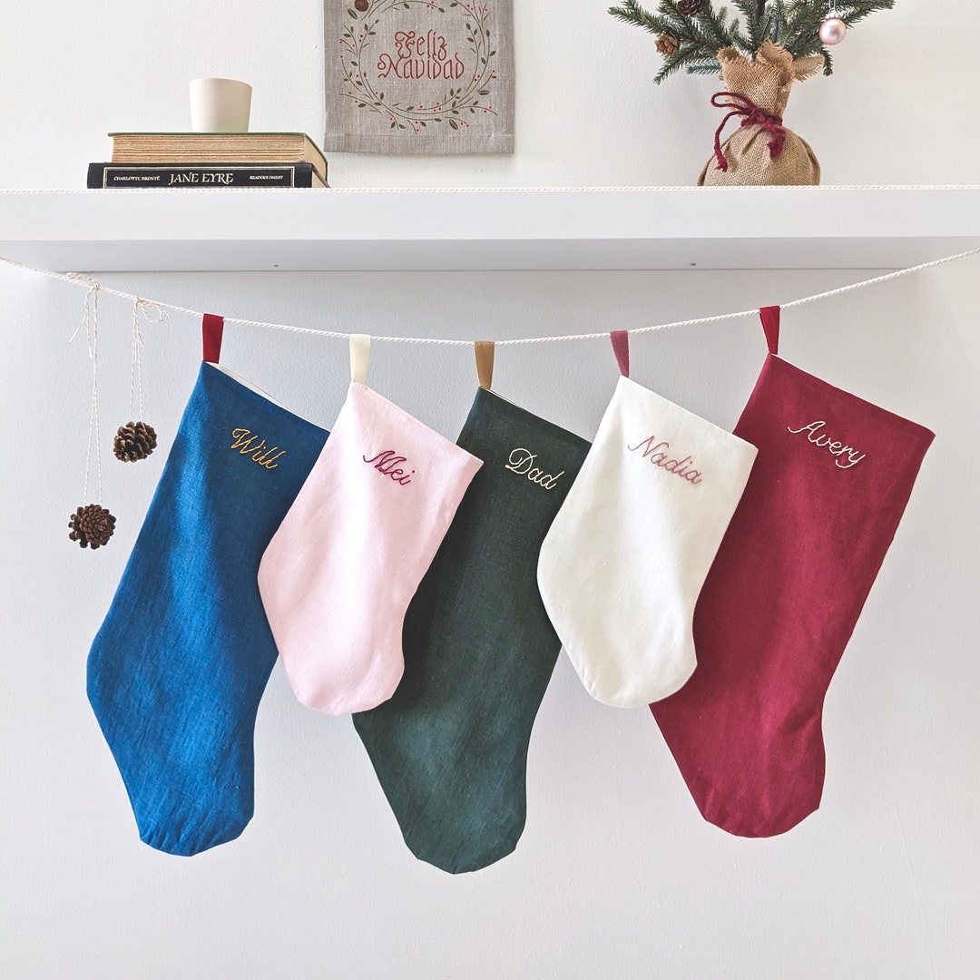 Hand Embroidered, STANDARD SIZE, Personalized Linen Holiday Stocking - Etsy