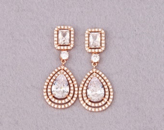 Rose Gold Bridal Earrings Teardrop Bridesmaid Gift Wedding Jewelry Earrings Bridal Earrings Rose Gold Cz Women Earrings Bridesmaid Jewelry