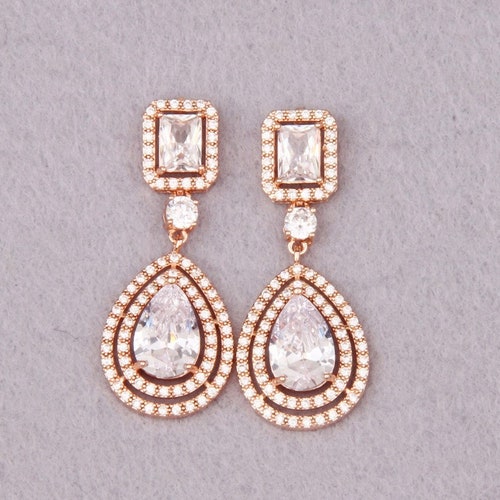 Crystal Bridal Earrings Rose Gold Bridesmaid Gift Leaf Cz - Etsy