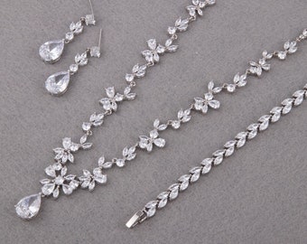 Brautschmuck Set, Silber Halskette Set, Hochzeit Schmuck Sets für Bräute, Mutter der Braut Schmuck Set, Halskette Ohrringe Armband Geschenk