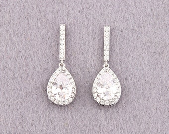 Boucles d'oreilles pour mariée, Boucles d'oreilles de mariage, Bijoux de mariée, Boucles d'oreilles de mariage en forme de larme, Boucles d'oreilles de mariée, Boucles d'oreilles pendantes, Clous de mariée en argent cz