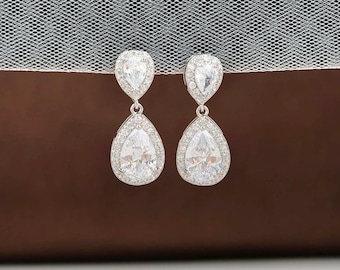 Silver Crystal Teardrop Bridal Earrings CZ Wedding Dangle Art Deco