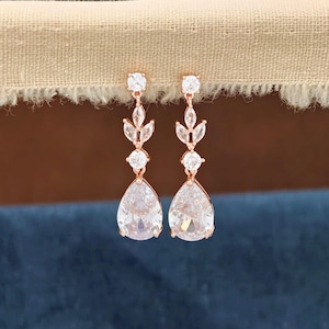 Rose Gold Crystal Tear Drop Dangle Earrings, Wedding Jewelry