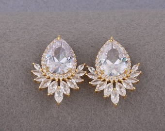 Bold Bridal Earrings Yellow Gold, Wedding Earrings Studs, Teardrop Wedding Earrings, Gold Statement Earrings Minimalist Earrings Jewelry