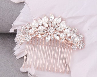 Rose Gold Bridal Hair Piece With Pearl Wedding Hair Comb Rose Gold Hairpiece Bride Gift Blush Headpiece Bridal Hair Comb Floral Wedding hair