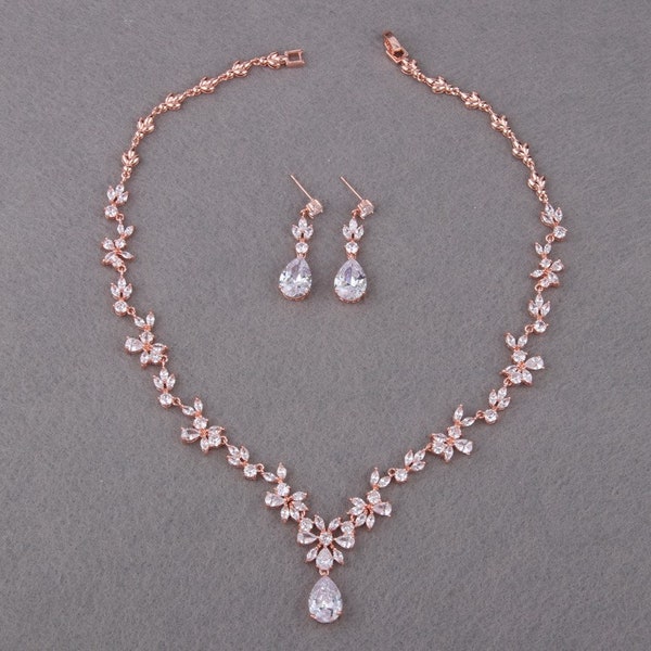 Rose Gold Wedding Jewelry Sets for Brides Choker Necklace Teardrop Earrings Bridesmaid Jewelry Crystal Bridal Jewelry Sets Bridesmaid Gift