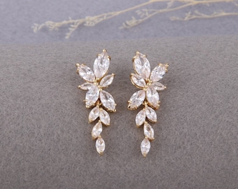 Gold Leaf Bridal Earrings, Crystal Wedding Jewelry, Long Drop Bridesmaid Gift