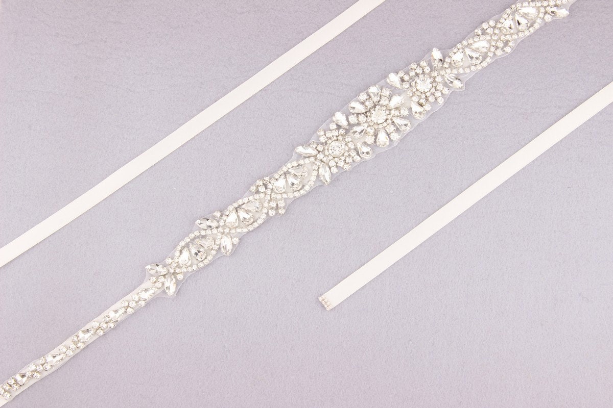Silver Art Deco Crystal Bridal Belt, Rhinestone Wedding Sash 