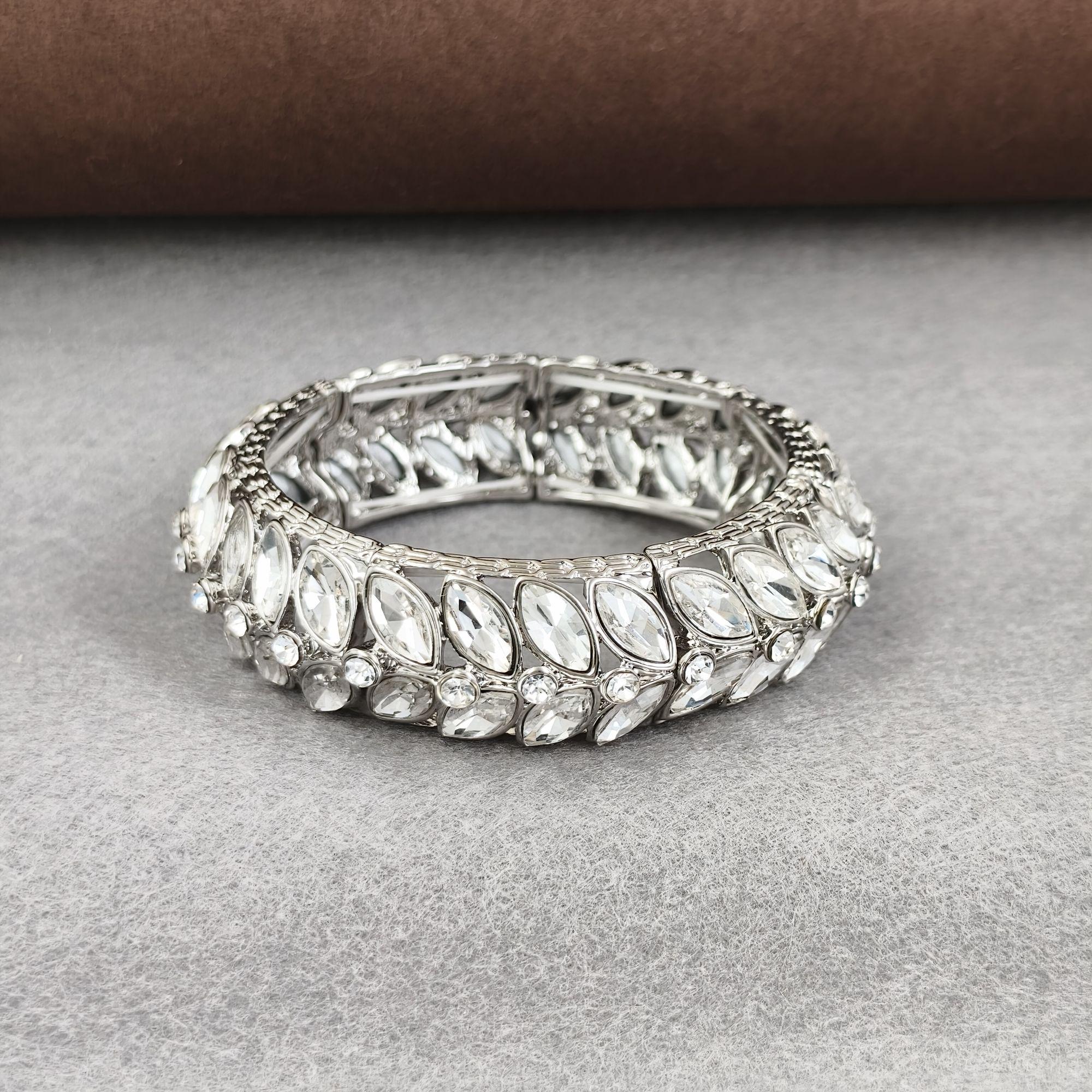 Crystal Rhinestone Stretch Bracelet Silver Tone Marquise Leaf Wedding Bridal ADIRFINE 925 Sterling Silver Marquise Cut Cubic Zirconia  main image 3
