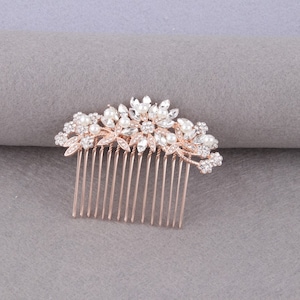Small Bridal Hair Comb Pearl Rose Gold Boho Hair Clip Wedding Hair Comb For Short Hair, Pearl Rhinestone Bride Hair Piece, Crystal Side Comb