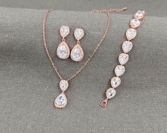 Ensemble de bijoux de mariée en or rose en forme de larme, collier de mariage et boucles d'oreilles CZ, minimaliste