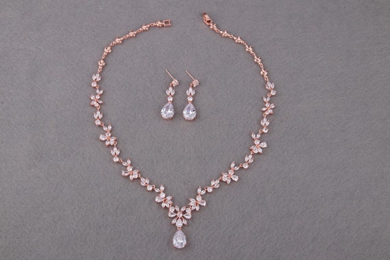 Rose Gold Wedding Jewelry Sets for Brides Choker Necklace Teardrop