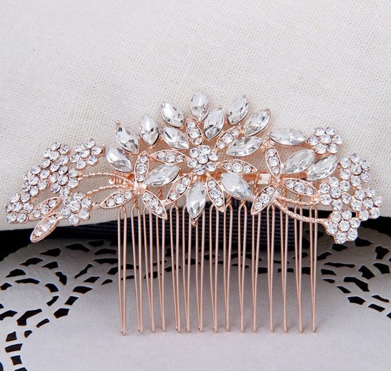 Rose Gold Crystal Floral Bridal Hair Comb - Etsy display picture 3