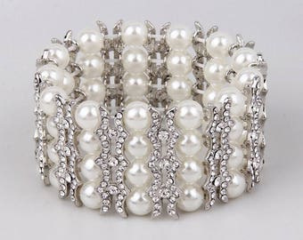 Pearl Bridal Bracelet, Stretch Bracelet, Pearl Wedding Bracelet, Silver Bracelet, Bridesmaid Bracelet, Wedding Jewelry, Rhinestone Bracelet