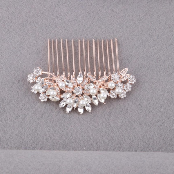 Crystal Bridal Hair Comb: Rose Gold Rhinestone Pearl Wedding Hair Accessory for Bride