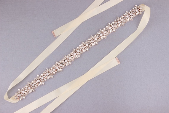 Beaded Crystal Bridal Sash with Cream Ribbon Gold Rhinestone Bridal Belt – Hand-beaded Pearl Wedding Sash  main image 3
