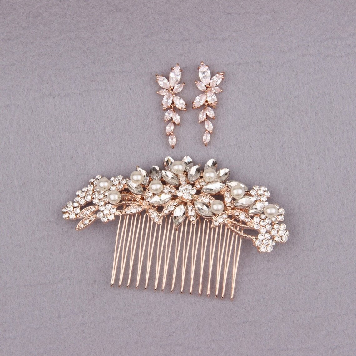 Rose Gold Bridal Hair Piece and Earring Set Crystal Bridal Etsy