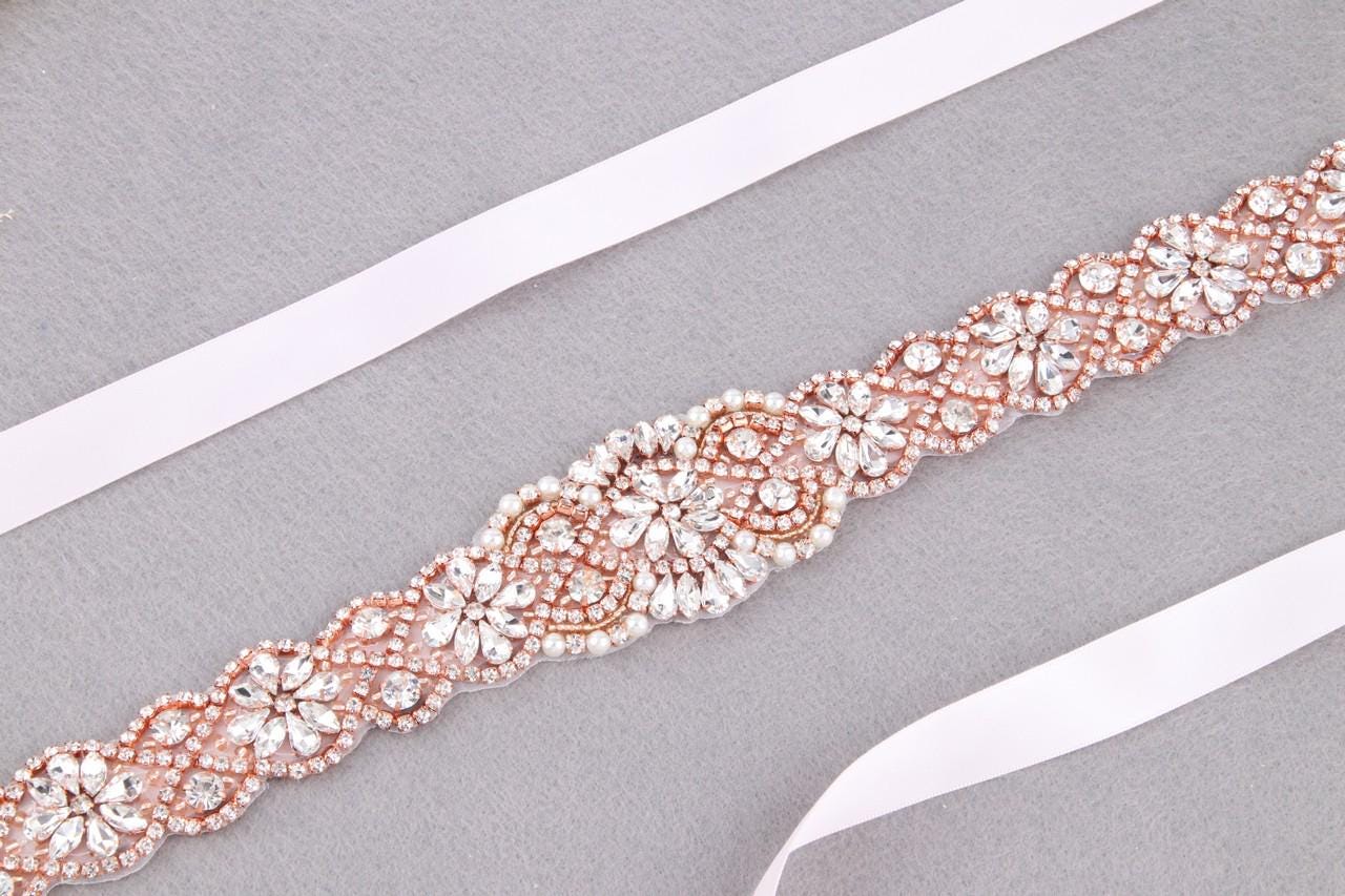 Rose Gold Rhinestone Crystal Bridal Sash Belt - Ivory, For Wedding Dress Or  Gown