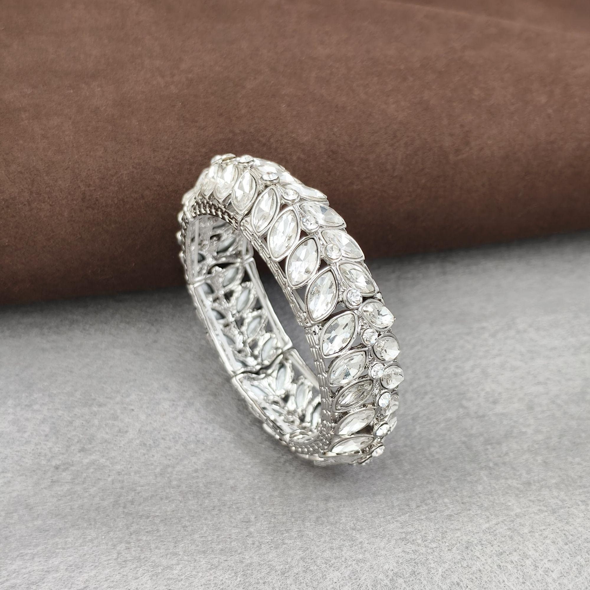 Crystal Rhinestone Stretch Bracelet Silver Tone Marquise Leaf Wedding Bridal ADIRFINE 925 Sterling Silver Marquise Cut Cubic Zirconia  main image 2