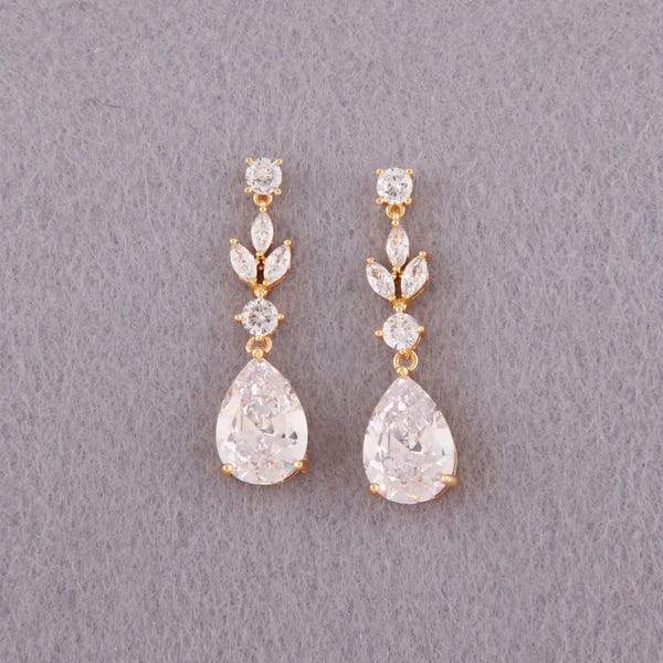 Floral Bridal Earrings Gold Wedding Studs Bridesmaid Gift CZ Jewelry