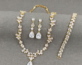 Gold Floral Bridal Jewelry Set, CZ Teardrop Necklace Earrings, Wedding Gift