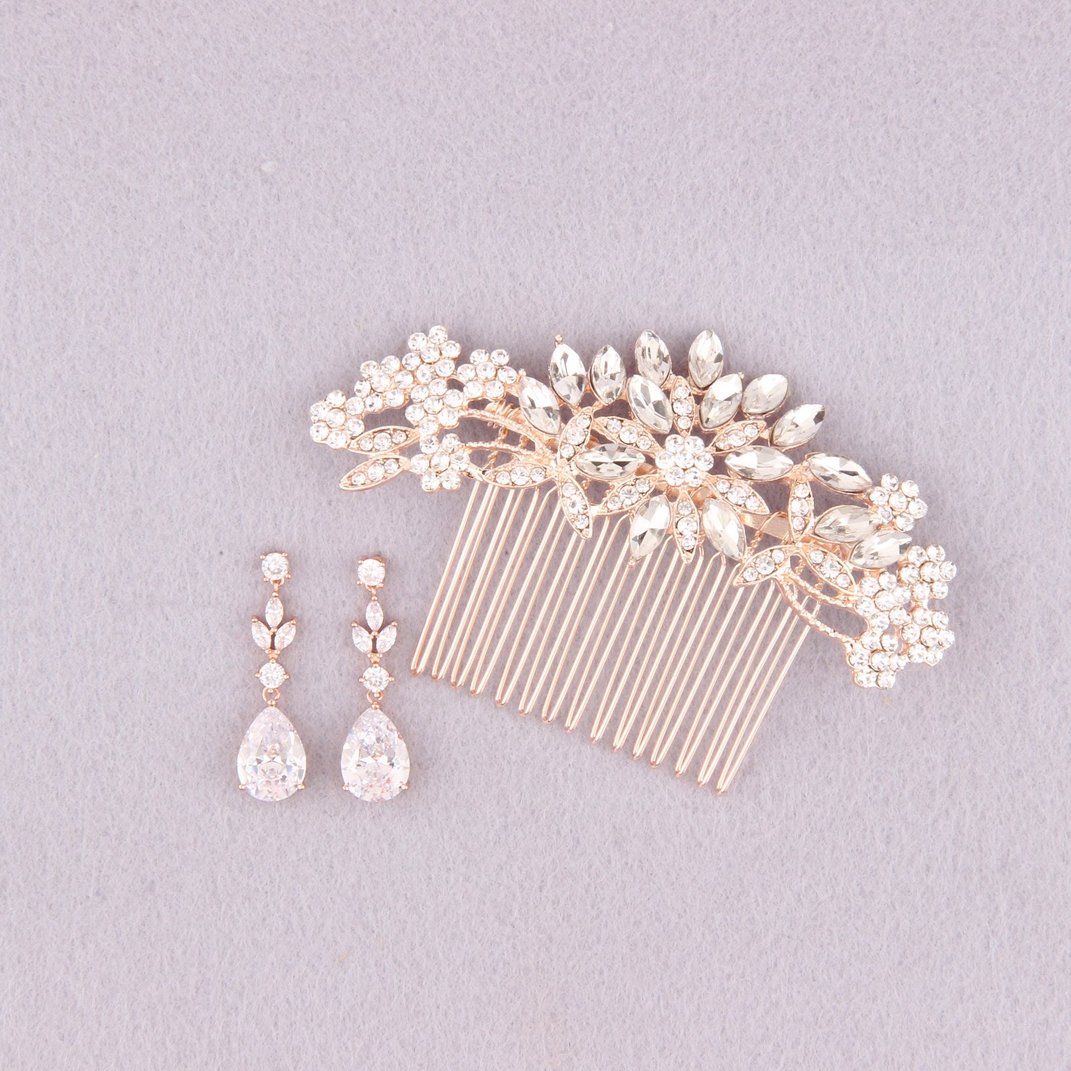 Elegant Rose Gold Hair Comb and Earrings Set Ivory and Co Rose Gold Crystal Encrusted Sparkling Hair Comb main image 3